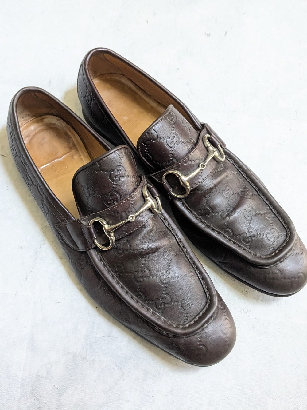 Gucci Horsebit Loafers Brown Monogram Leather Men US 12.5 Slip Ons Snaffle